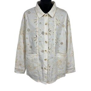 Solitaire Floral Eyelet Medium M Jacket Top Pocket Long-Sleeve Eyelet Women New